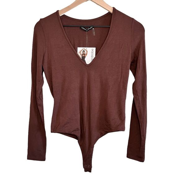 Naked Wardrobe Bodysuit Large‎ Brown V-Neck Long Sleeve Thong Stretch NW-B0125 - Picture 1 of 9